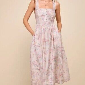Lulus Darling Adoration Blush Pink Floral Midi Dress With Pockets - Size XS